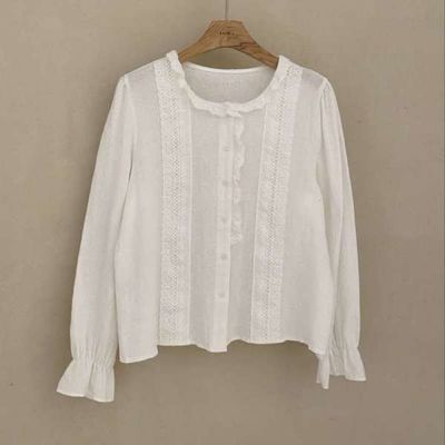 [애슬릿]프릴 카라 블라우스 화이트 봄 여름 셔링