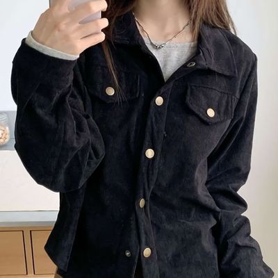 여성 투포켓 세미 크롭 슬림 골덴 셔츠