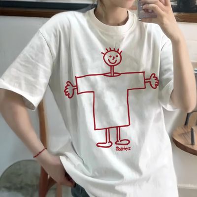 여성 아이 스타일 라인 드로잉 오버핏 반팔티