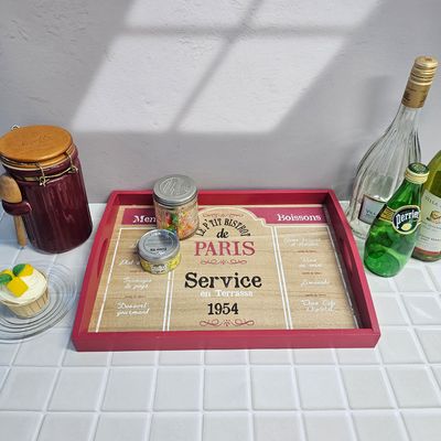 레드 내츄럴 우드 파리 카페 일러스트 데코 트레이