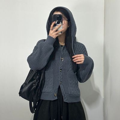 포근 꽈배기 후드 니트 집업 가디건 루즈핏 버튼 단추