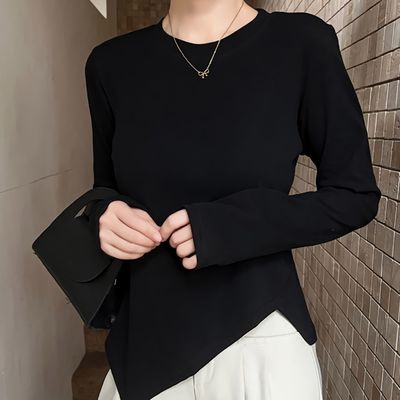여성 가을 겨울 밑단 사선 라운드 티셔츠