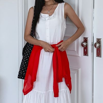 여성 투웨이 버튼 단추 민소매 롱 원피스