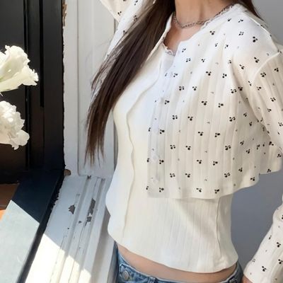 여성 버튼 펀칭 나시 플라워 크롭 가디건 세트