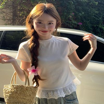 화이트컬러 러블리 레이스 포인트 슬림 반팔티셔츠(WFILGQQ)