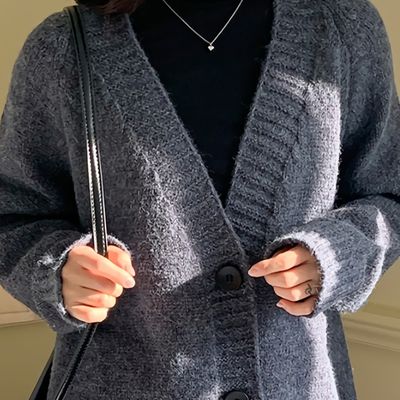 여성 포근 왕단추 루즈핏 브이넥 가디건