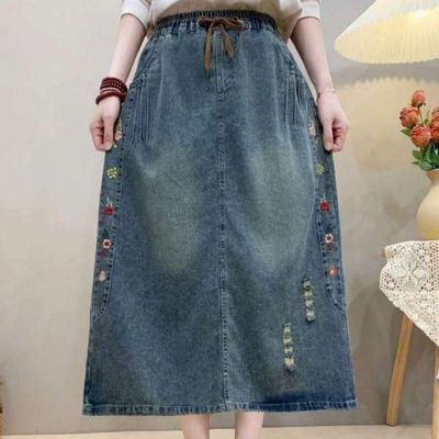 [애슬릿]여성 데님 스커트 워싱 봄 밴딩 중년