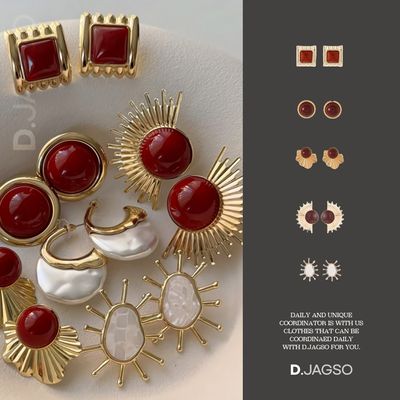 여성 자개 구슬 짙은 레드 와인 컬러 귀걸이