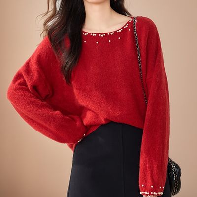 여성 진주알 스웨터 우아한 레드 컬러 니트