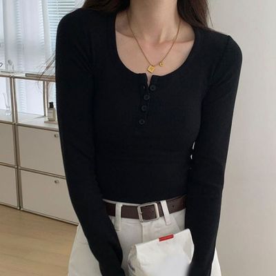 U넥 골지 여자 긴팔 4버튼 라운드넥 얇은 딥 티셔츠(WFLQ8ER)