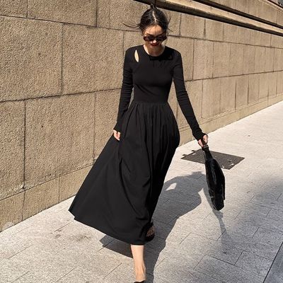 여성  페이크 2중 펀칭 A라인 롱 원피스