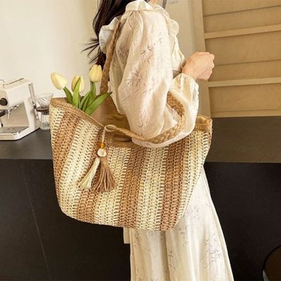 테슬 구슬 컬러배색 라탄 숄더백 비치백