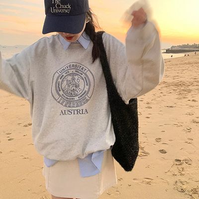 여성 유니버시티  프린팅 오버핏 맨투맨 티셔츠