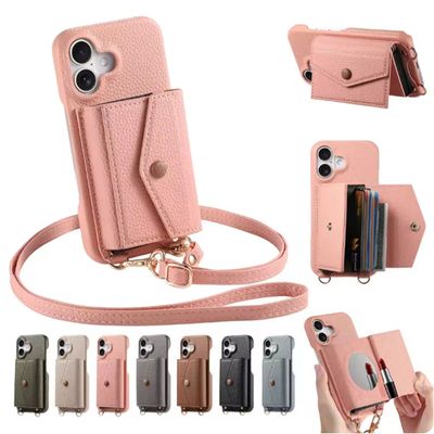 아이폰 17 16 15 미러 카드 지갑 목걸이 가죽 케이스