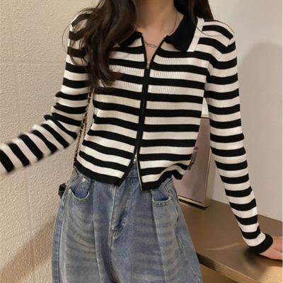 여성 데일리 더스틴 스트라이프 집업 니트카라티
