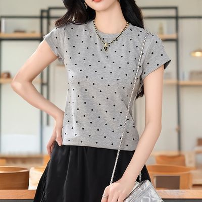 여성 여름 레트로 잔도트 그레이 반팔 티셔츠