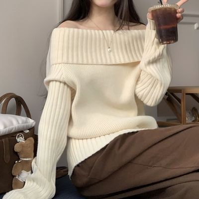 여성 오프숄더 커프스 긴 소매 니트 웨어