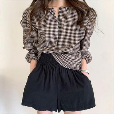 벌룬 소매 라운드넥 단추 체크 블라우스 캐주얼룩 나들이룩 봄가을셔츠 고방체크
