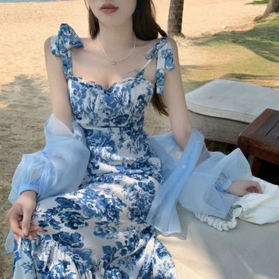 하늘색 원피스 플라워패턴 비치웨어 여자원피스 여름 바다 해외여행룩 휴양지 파스텔(WFPFVCJ)