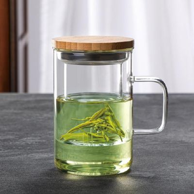 홈카페 우드뚜껑 티머그컵 내열유리 500ml