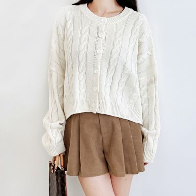 여성 루즈핏 꽈배기 니트 가디건 벌룬 소매 가을 점퍼