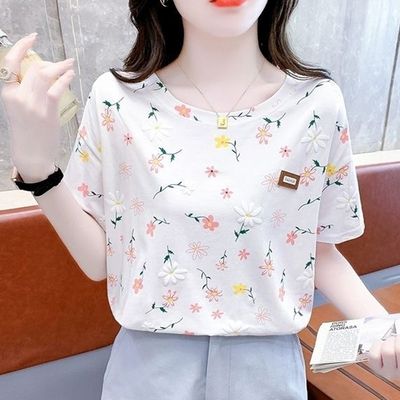 핑크 입체 화이트 플라워 반팔 티셔츠 코튼 반팔티