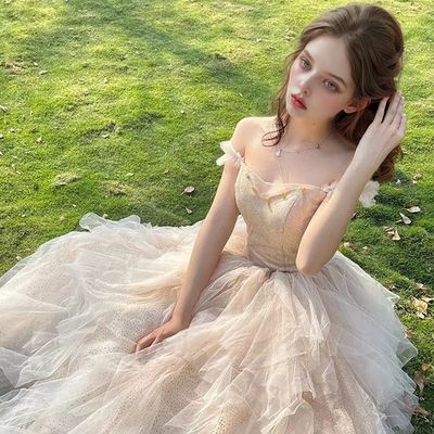 (대여) 골드 레이스 웨딩촬영 피로연 이브닝 드레스