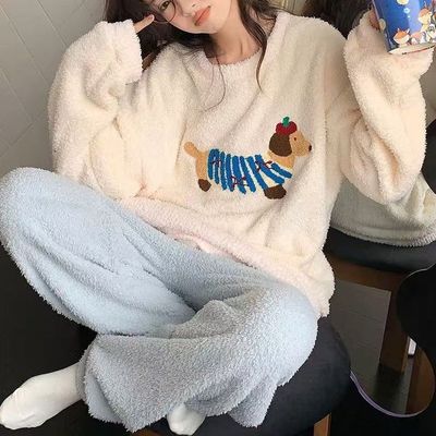 리오반 여성 겨울 닥스훈트 플리스 파자마 잠옷 세트