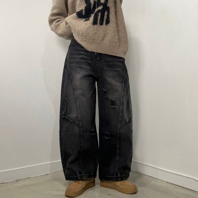 데미지 찢청 와이드 데님 팬츠 흑청 벌룬 빈티지 워싱