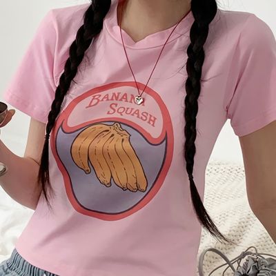 라운드넥 유니크 바나나 프린팅 세미크롭 반팔티