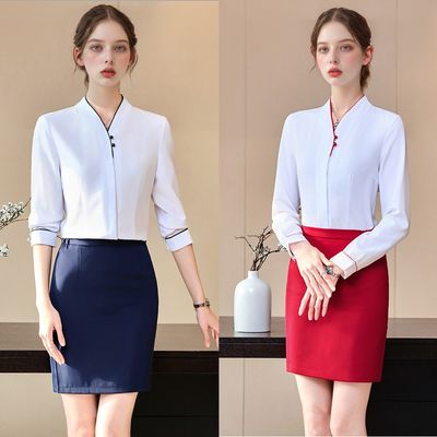 (대여) 화이트 심플 V라인 블라우스 H라인 스커트