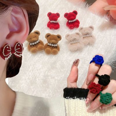 크리스마스 벨벳 곰돌이 리본 패션 귀걸이 장미 반지