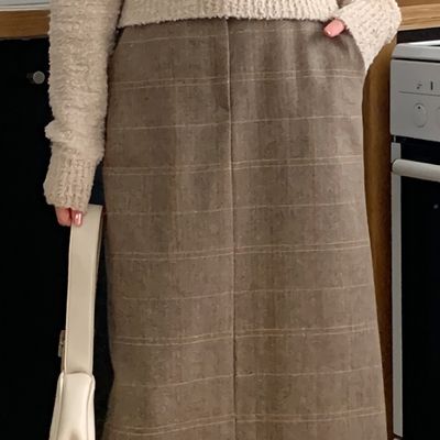 여성 뒷트임 해링본 에이치라인 롱 스커트