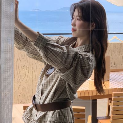 여성 가을 겨울 밑단 프릴 체크셔츠 벨트