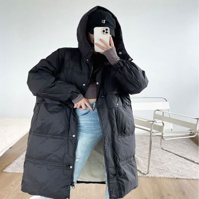 허리 90 데일리 덕다운 블랙 패딩 롱패딩 스트링 여자(WFLQ8BK)