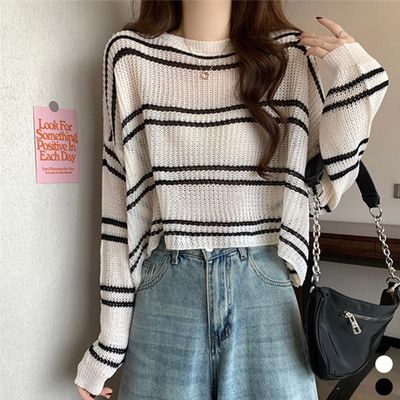시스루 크롭 스트라이프 니트 루즈핏 그물 여름 블랙