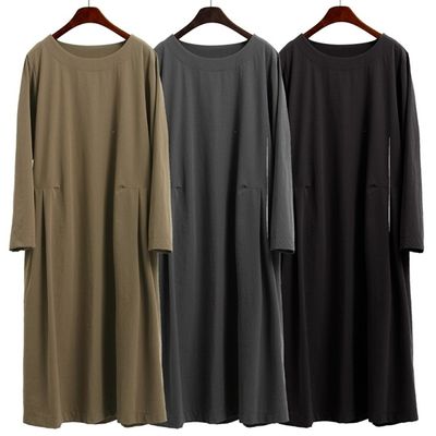 [애슬릿]롱 라운드넥 주름 에이라인 긴팔 원피스