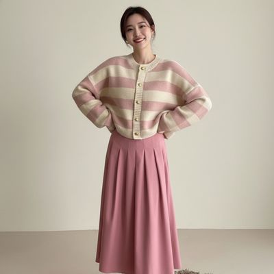 여자 스트라이프 라운드넥 미디 가디건