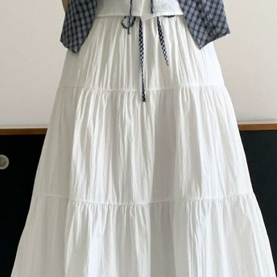 여성 체크 레이어드 캉캉 밴딩 롱 스커트