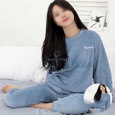겨울수면바지 극세사수면바지 여성용 겨울 극세사 수면잠옷 상하의세트 블루(WFPDNMX)