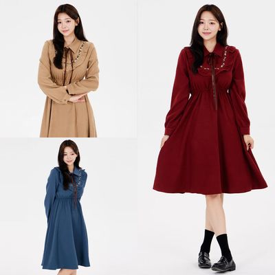 (대여) 빈티지 허리밴딩 라운드 레이스 긴팔 원피스
