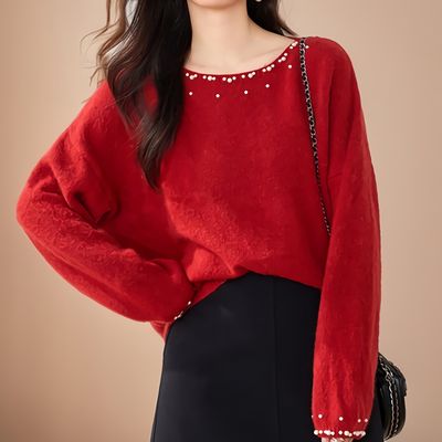 [SALE]여성 진주알 스웨터 우아한 레드 컬러 니트