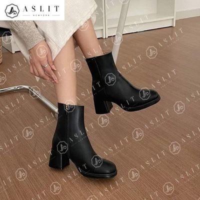 [애슬릿]천연 소 가죽 청키 힐 블랙 앵클 부츠