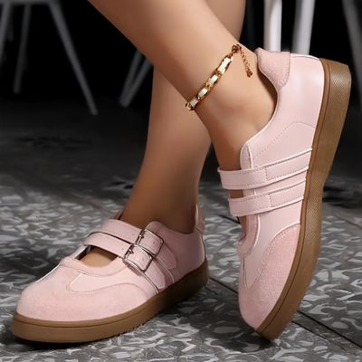 여성용 라운드 토 투 버클 발레코어 스니커즈