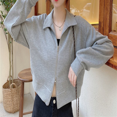 크롭 기장 카라 더블 지퍼 니트 집업 피크닉 벚꽃