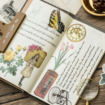 빈티지 감성 일러스트 조각 스티커 팩 꽃 나비 60매