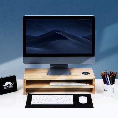 소나무 원목 2단 모니터받침대 무선충전패드 포함