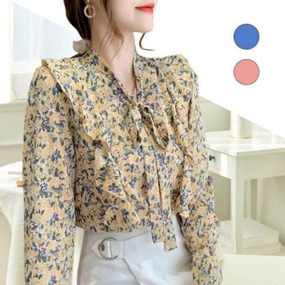 이쁘다요 플라워 돌잔치 긴팔 리본 여자 드레스 여행 바다 브이 호텔 호캉스 블라우스 데이트(WFLPXZE)