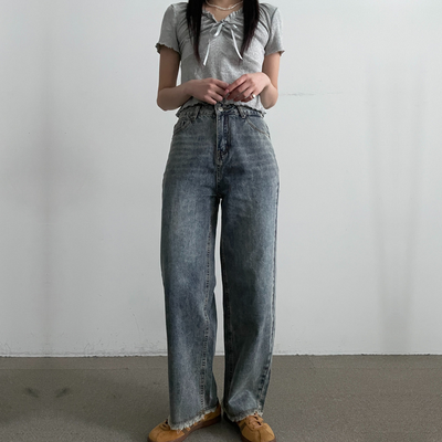 찢청바지 여성 그레이진 롱 팬츠 데일리 캐주얼 바지