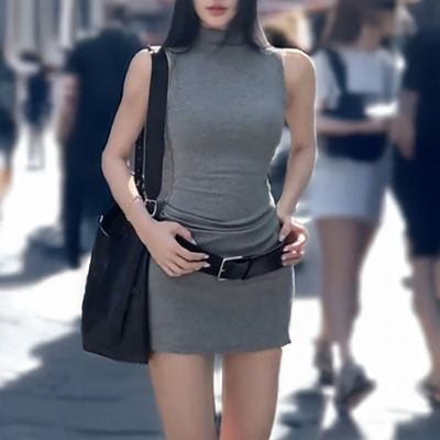 여성 여름 심플 반목 민소매 슬림 미니 원피스
